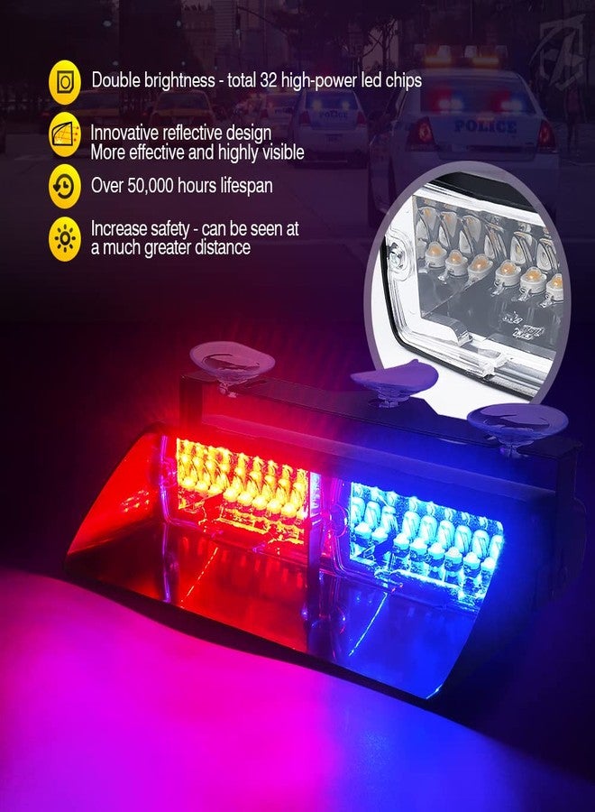 Xprite 2×11 inch High Intensity Red Blue 32 LED Emergency Strobe Dash Lights, Interior Windshield Flashing Police Light w/Suction Cups for Police Law Enforcement POV Vehicles Trucks - Image 2
